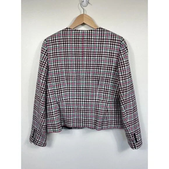 Talbots Blazer Womens 14 Pink Green Blue Houndstooth Collarless Wool Pockets - Picture 7 of 12